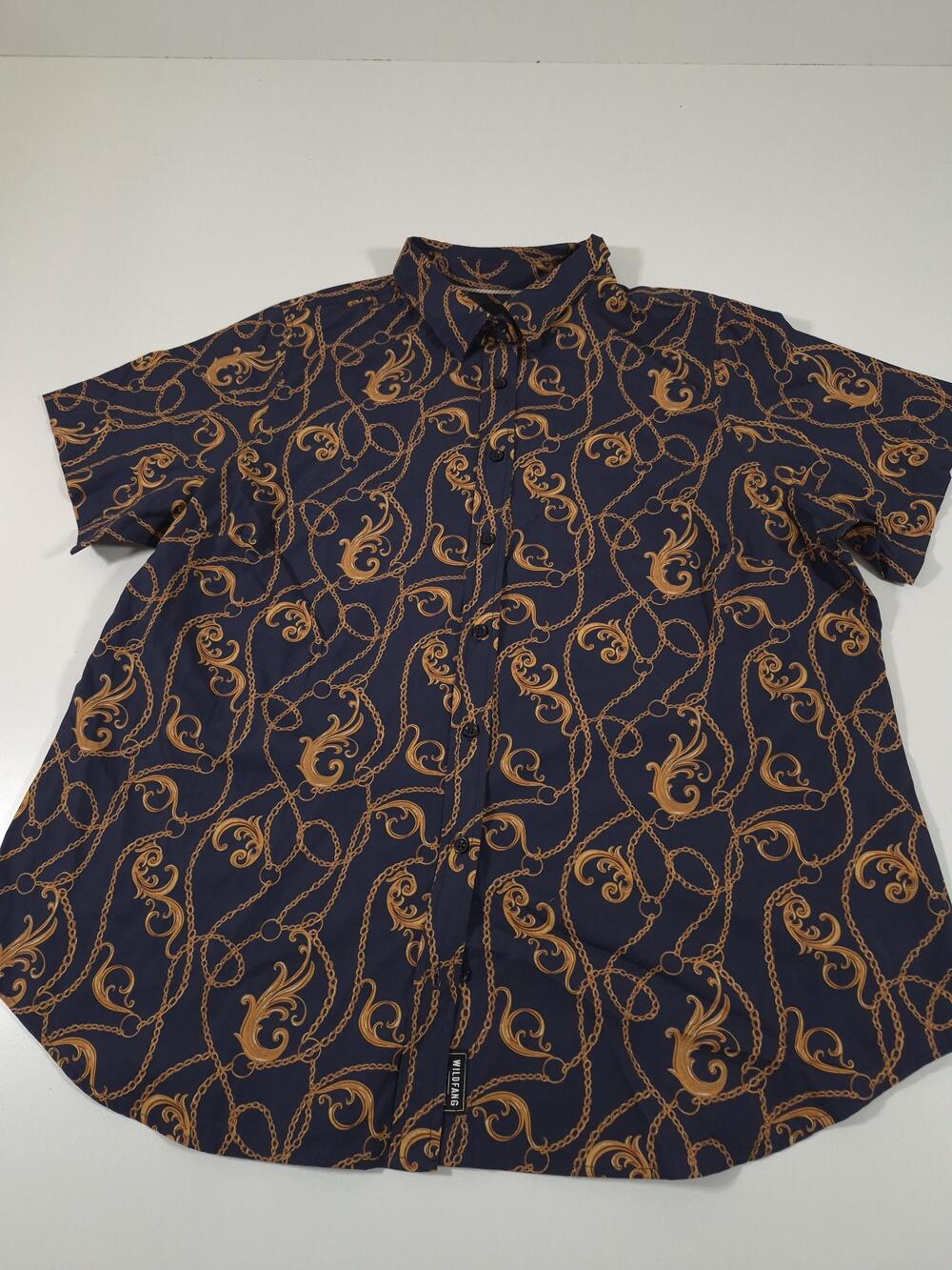 Wildfang Shirt Womens 1X Blue Chain Scroll Print Short Sleeve Button Up